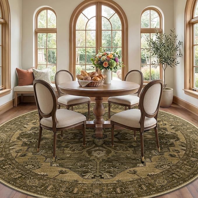 RELEANY Washable Area Rug, Round 8ft, Water Repellent, Pet Friendly, Vintage - Image 2