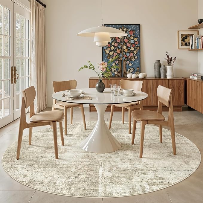 Soalmost Round Rugs 9ft Living Room Circle Area Rug 9x9 Beige/Gray Vintage | - Image 3