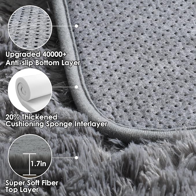 Grey Area Rugs for Bedroom Living Room, Fluffy Fuzzy Shag Shaggy 4x6 Bedside Rug - Image 3