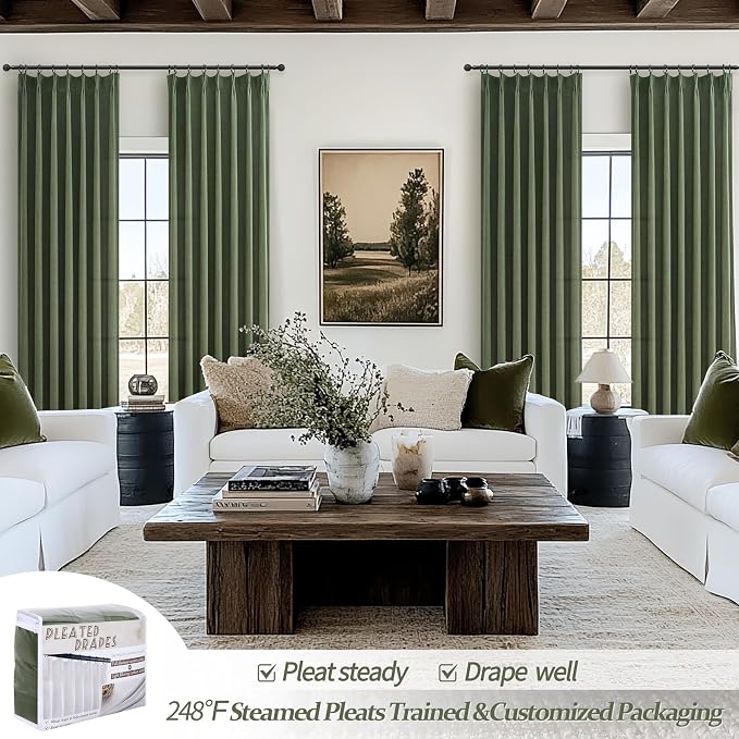 Custom Olive Green Pinch Pleated Drapes Linen Blend Light Filtering Curtains 86 - Image 4