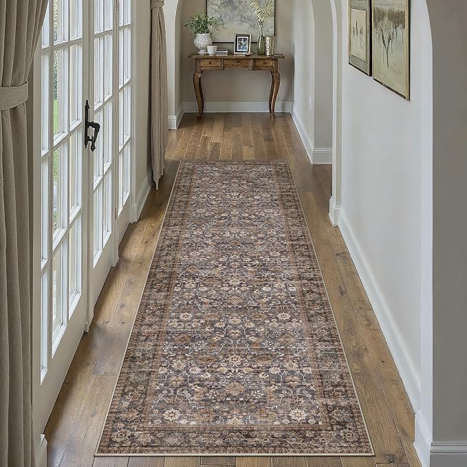 2x10 Brown Blue Vintage Floral Washable Runner Rug - Image 2