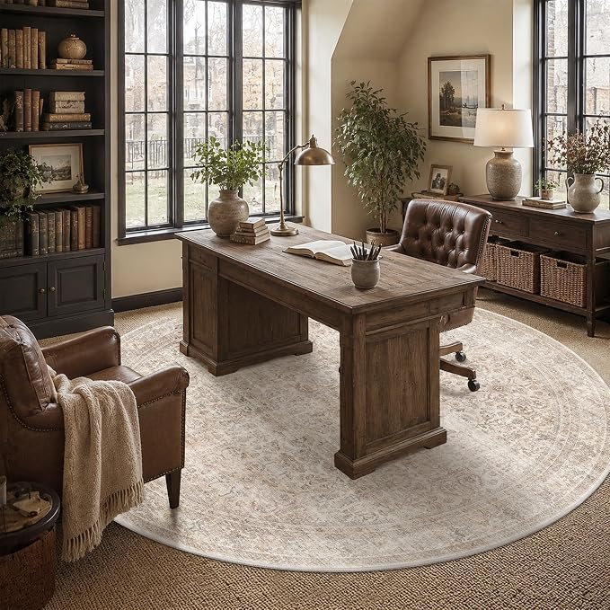Schweek 8ft Circle Rug Neutral Beige Vintage Washable Non-Slip Round Rugs | - Image 8