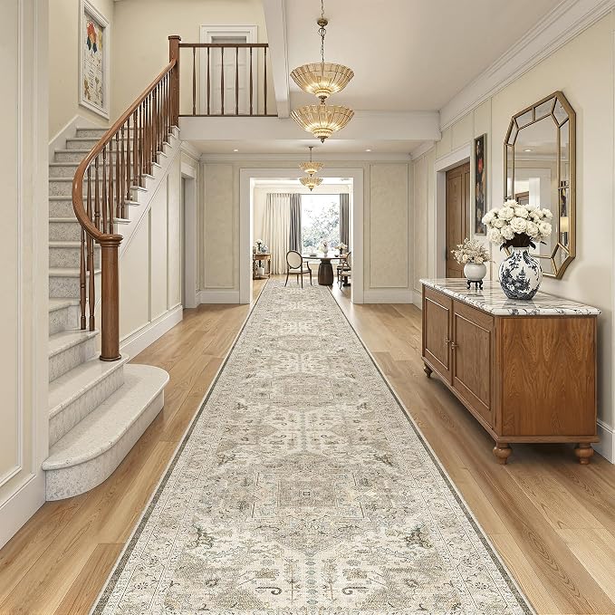 Madane Hallway Runner Rug 3x20 Washable Kitchen Runners 20ft, Ivory/Brown | by Madane