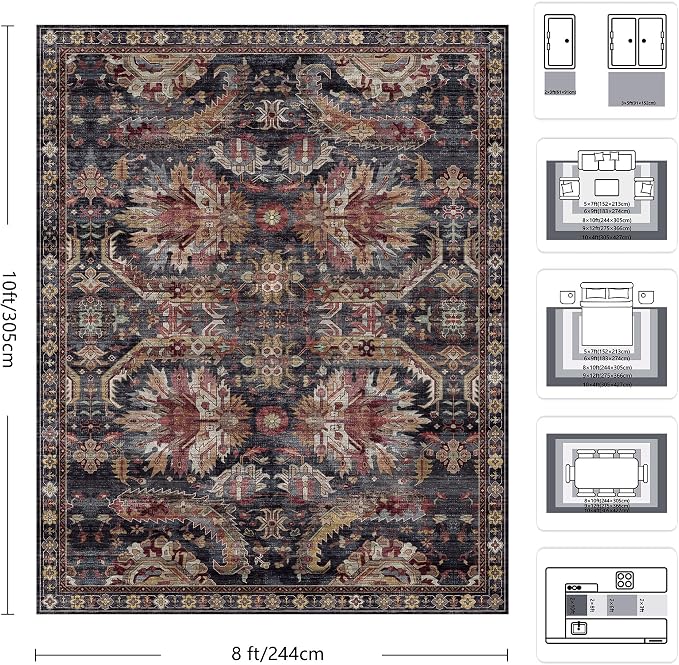 8x10 Area Rugs, Vintage Retro Soft Washable Rug, Non-Slip Low Pile Rugs - Image 2
