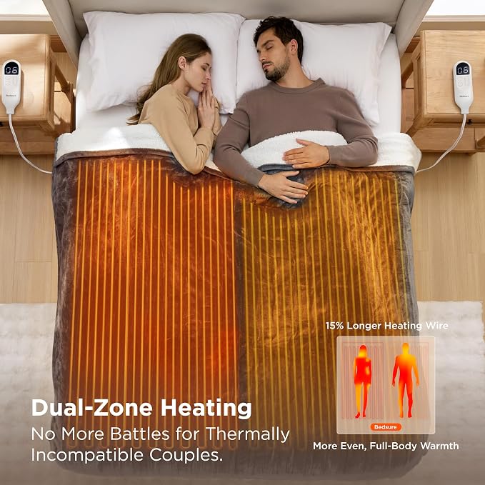 Bedsure Heated Blanket Queen Size, Dual Control Electric Blanket, Dark Grey | - Image 4
