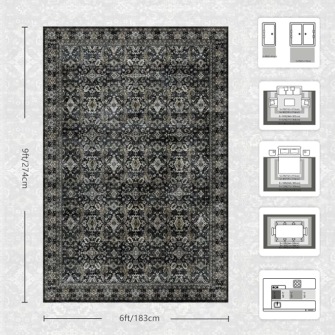 6x9 Area Rugs - Washable Vintage Retro Living Room Rug, Soft Ultra Thin Non - Image 2
