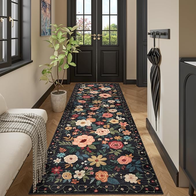 DUKINO 3x10 Runner Rug, Floral Washable Kitchen Runner Rug Non Slip, Low Pile - Image 5