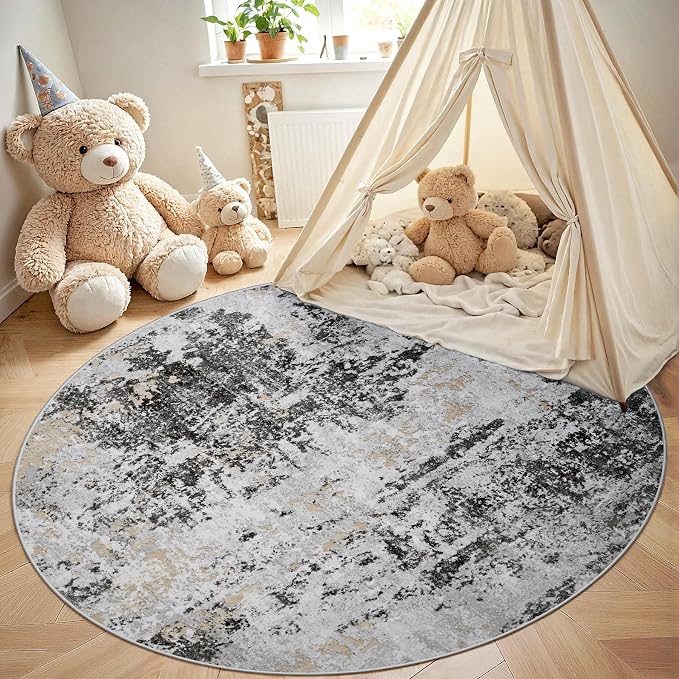 Round Rug 5ft Washable Rug for Dining Room Living Room Black Grey Gold | Modern - Image 4