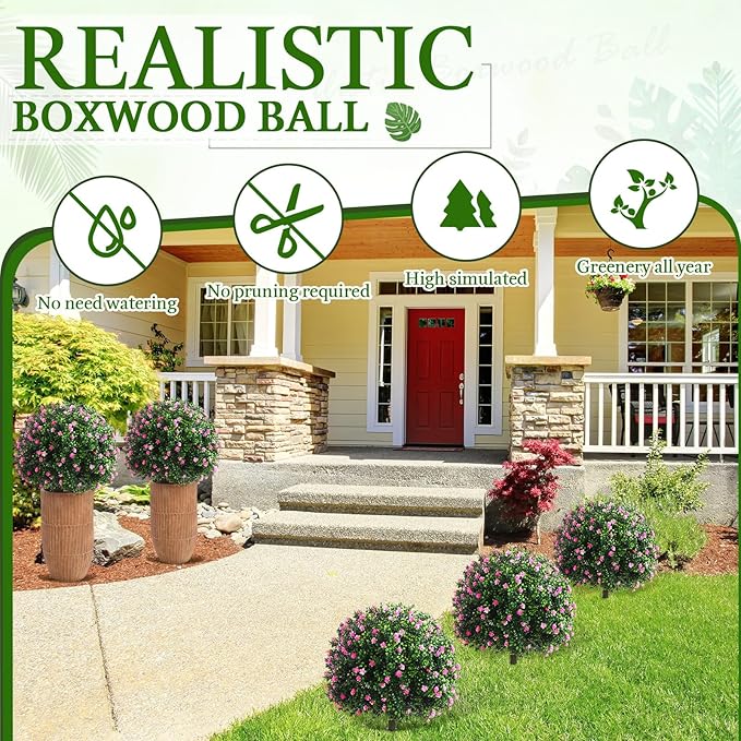 Yunlly Set of 2 Artificial Boxwood Topiary Ball Tree Fake Bushes Shrubs Outdoor Faux Plant with Ground Spike Flowers UV Resistance Greenery for Front Porch Garden Patio Indoor(Pink,27x18inch)