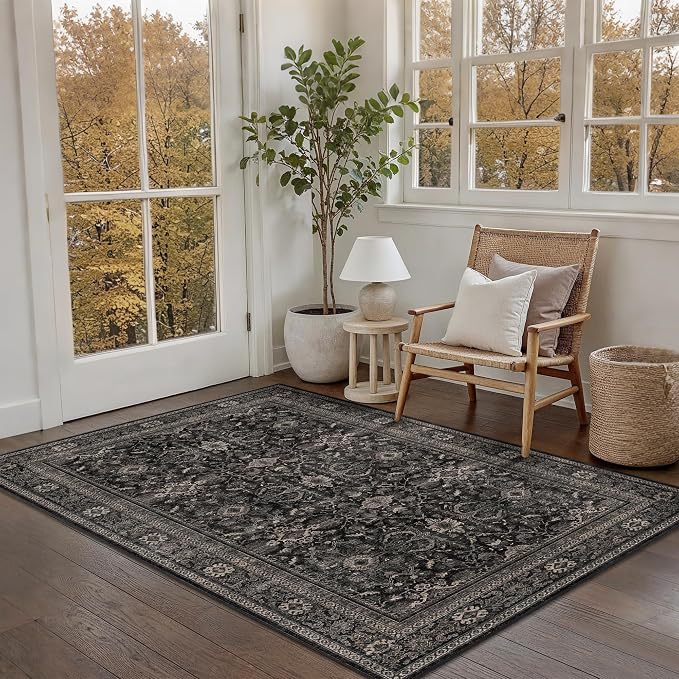 Schweek 4x6 Vintage Floral Washable Area Rug Non-Slip Entryway Rugs Black | by Schweek