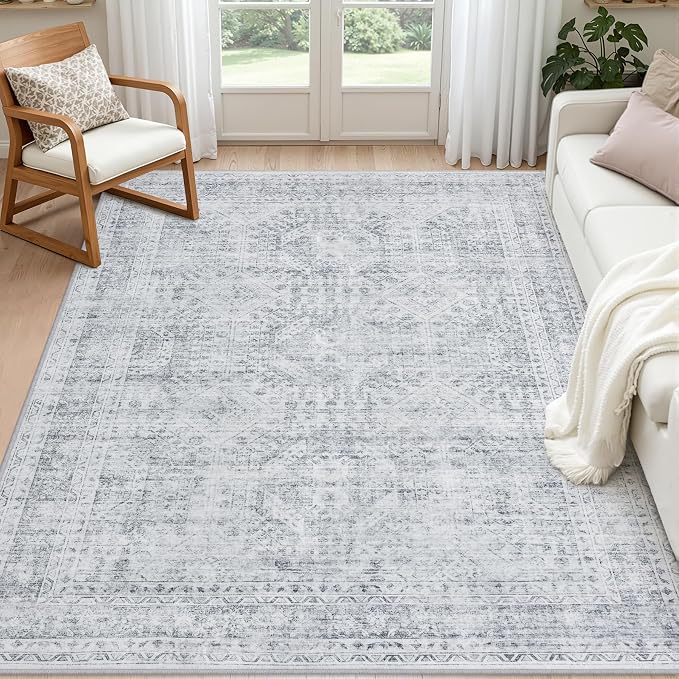 3x5 Area Rugs Living Room: Bedroom Neutral Washable Carpet Gray | Vintage Boho by Luxturiy