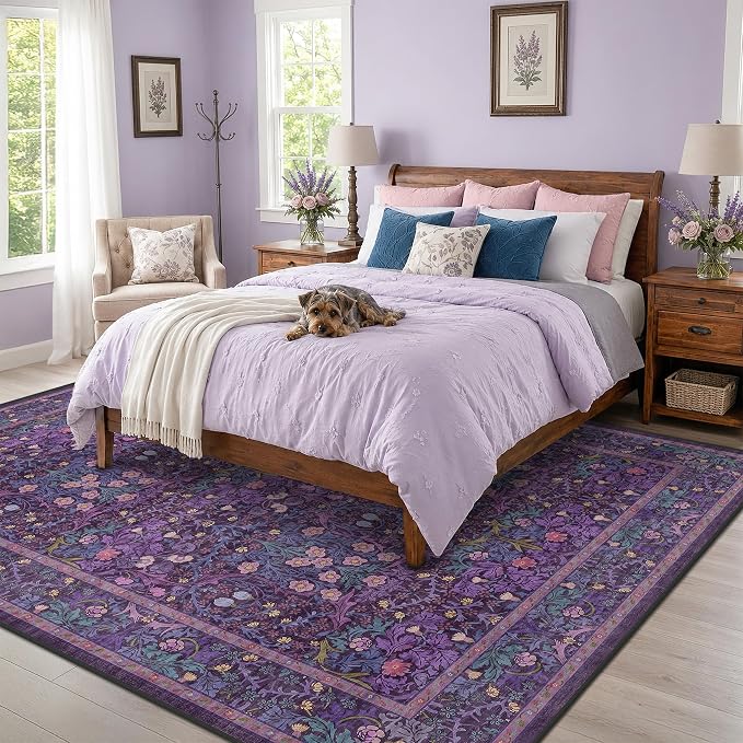 Washable Plum Purple Rug for Bedroom by HazoHaus