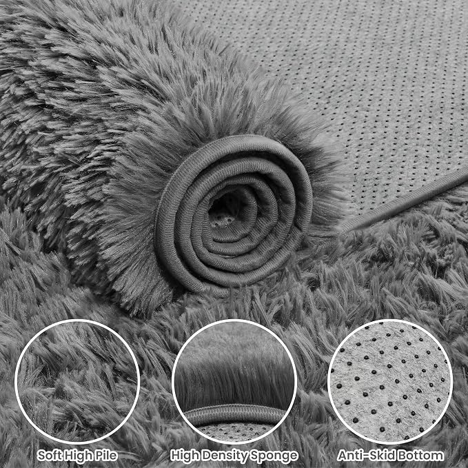 8x10 Fluffy Shag Area Rugs for Living Room Bedroom: Soft Carpet Light Gray | - Image 8