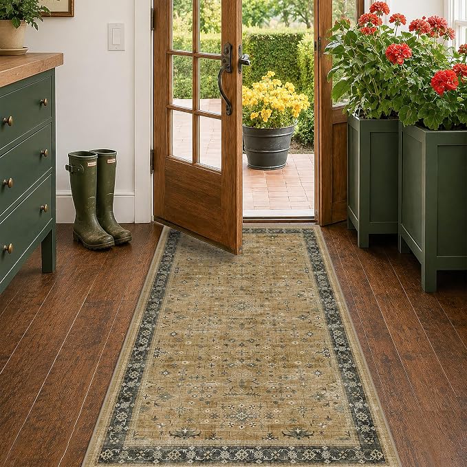 Washable 3x6 Large Mudroom Area Rug, Bohemian Kitchen Floor Rug, Non-Slip & by HazoHaus