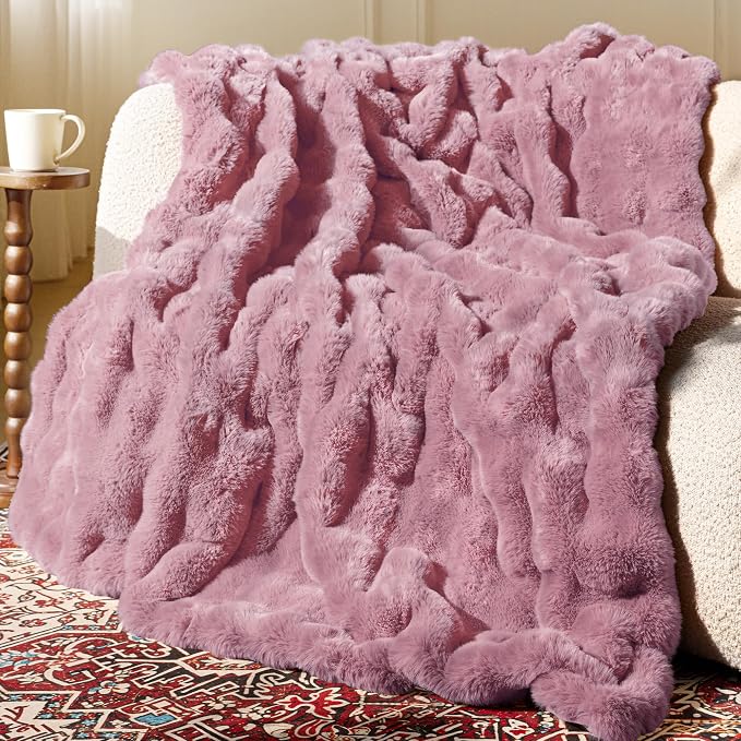 Ultra Soft Cozy Faux Fur Throw Blanket, Fuzzy Plush Thick Bubble Blanket by blunique