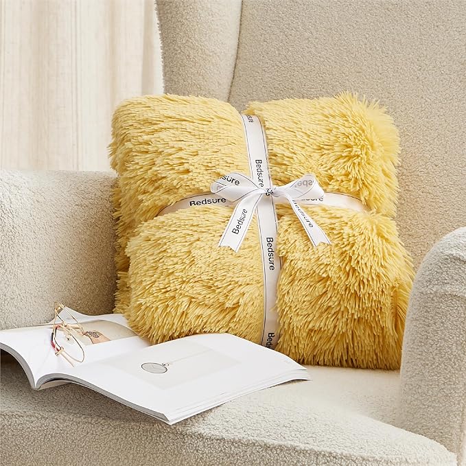 Bedsure GentleSoft Fuzzy Sherpa Faux Fur Twin Blanket Yellow Cozy Gifts - Image 7