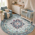 RELEANY Washable Area Rug, Round 5ft, Teal Green/White/Navy | Non-Slip by RELEANY