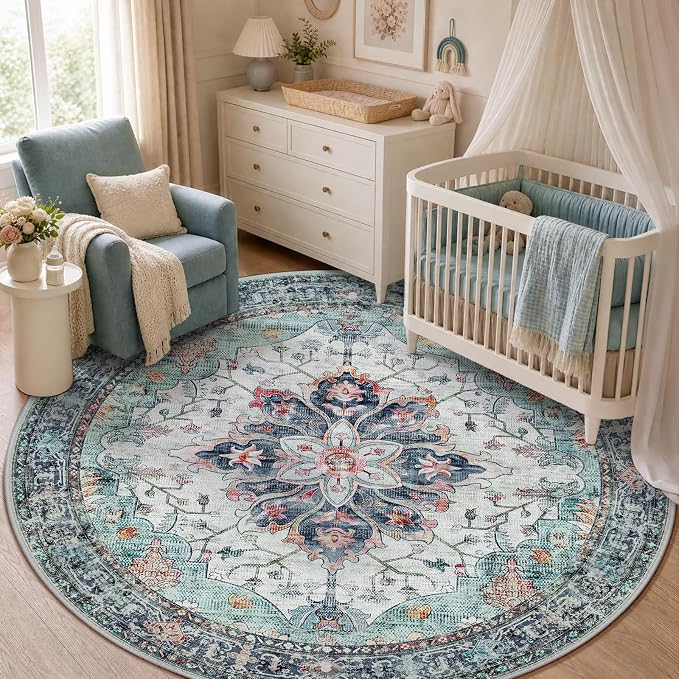 RELEANY Washable Area Rug, Round 5ft, Teal Green/White/Navy | Non-Slip by RELEANY
