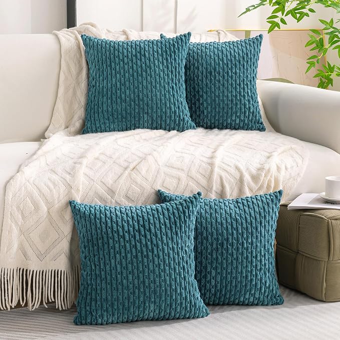 Set of 4 Teal Decorative Throw Pillow Covers 22x22 Inch Corduroy Pillow Covers - Image 8