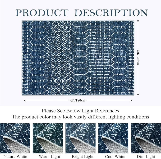 Lahome Moroccan Blue Carpet for Living Room 4x6 Area Rug Non-Slip Ultra-Thin - Image 2