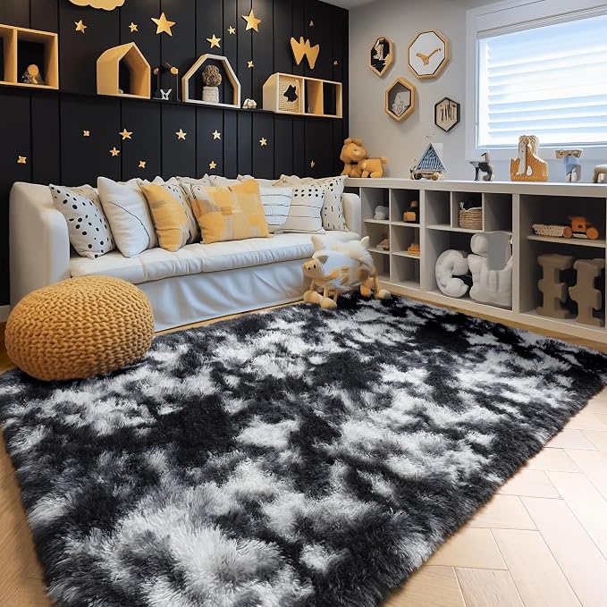 Amdrebio Black White Grey Large Fluffy Rug 6x9 - Image 8