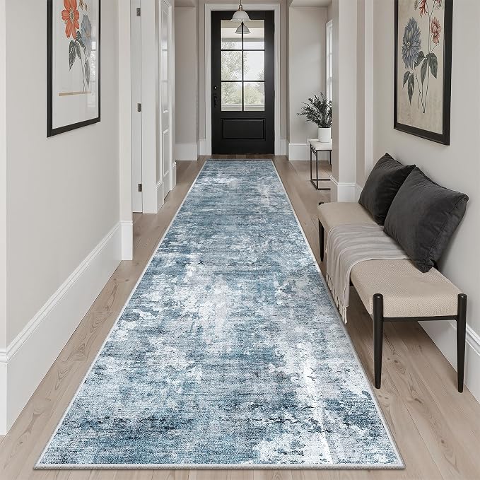 Soalmost Hallway Runner Rug 2'6" x 12' Kitchen Rugs Abstract Blue/Grey | - Image 4