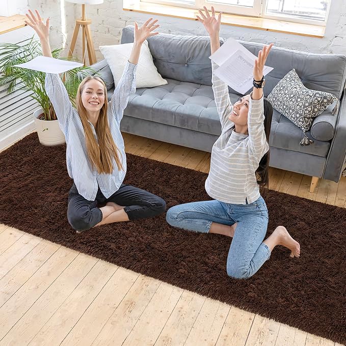 2x10 Bedside Area Rugs for Bedroom Soft Fluffy Shag Brown Rug for Hallway - Image 2