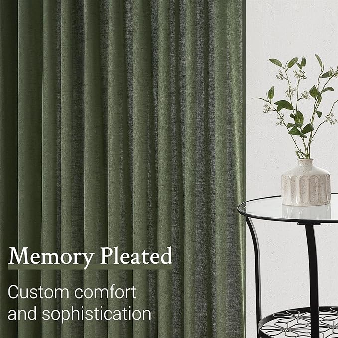 Topfinel Olive Green Pinch Pleated Semi Sheer Curtains Textured Linen Blended - Image 7