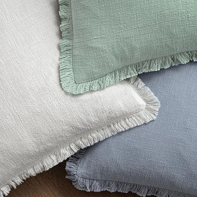 MIULEE Boho Linen Fringe Decorative Throw Pillow Covers Aqua Green 20x20 | Set - Image 4