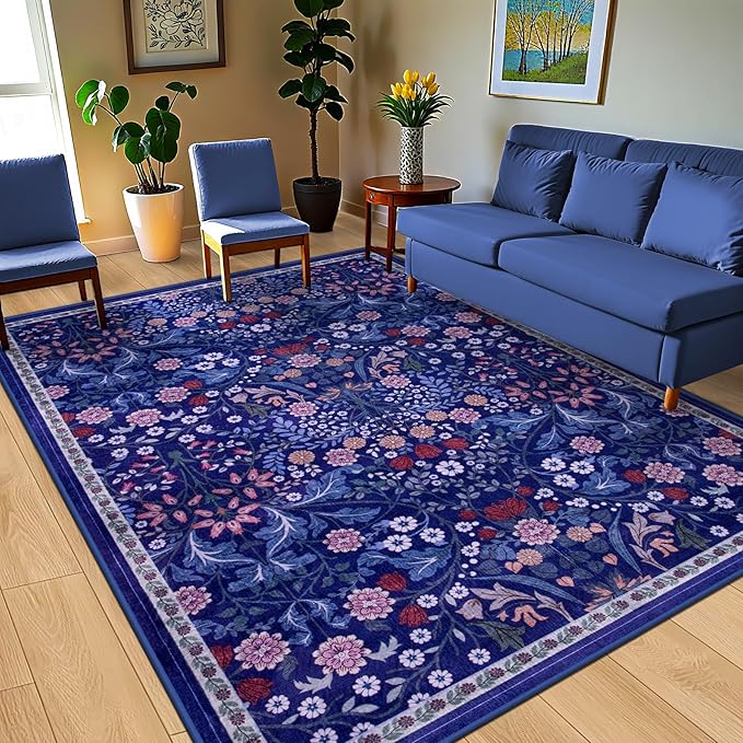 PLHXFR Area Rug 9x12 Living Room: Floral Washable Boho Soft Carpet Blue | - Image 2