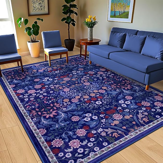 PLHXFR Area Rug 10x14 Living Room: Floral Washable Boho Soft Carpet Blue | - Image 2