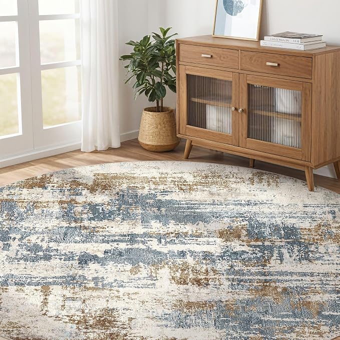 LOONGRUG Round Rug 8x8 Washable Large Neutral Modern Circle Rugs Blue Tan | - Image 8