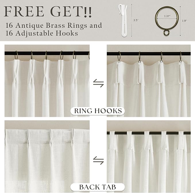 Farmhouse Linen Pleat Ivory Cream Semi Sheer Curtains 80 Inch Long 2 Panels | - Image 5