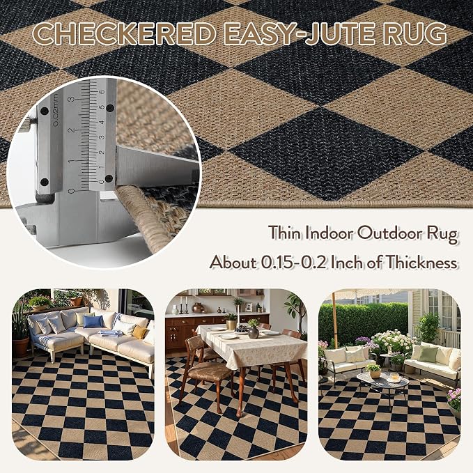 Lahome Checkered Easy Jute 6x9 Area Rugs, Outdoor Patio Rug Washable | - Image 4