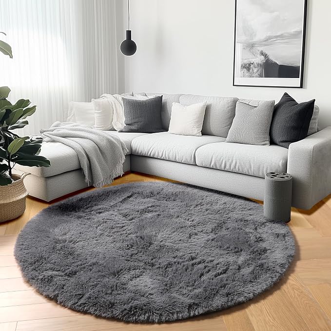 Grey Round Area Rugs 5ft, Fluffy Plush Shaggy Carpet - Image 6