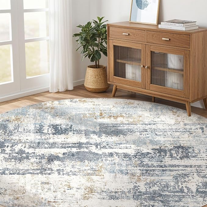 LOONGRUG Round Rug 8x8 Washable Large Neutral Modern Circle Rugs Blue | - Image 8