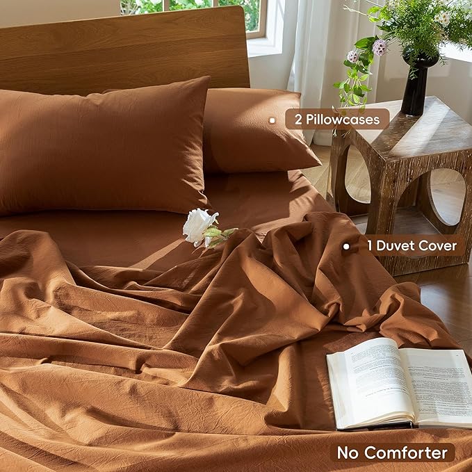 MooMee Bedding Duvet Cover Set 100% Washed Cotton Linen Like Textured Breathable Durable Soft Comfy (Solid Dark Orange, Palatial King/Oversized King 120"x98")