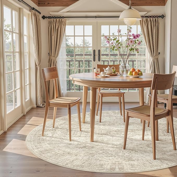 Soalmost 5x5 Beige Round Rug 6ft Circle Living Room Area Rugs Non-Slip | - Image 9