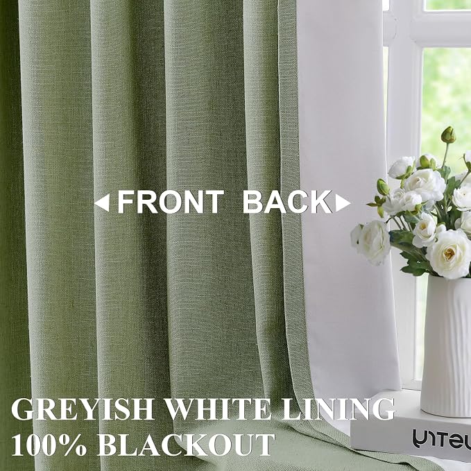 Vision Home Dark Green Pinch Pleated Full Blackout Curtains Linen Blended Room - Image 2