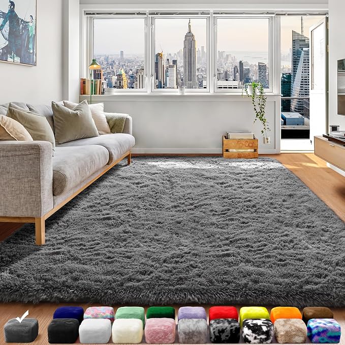 Grey Area Rugs for Bedroom Living Room, Fluffy Fuzzy Shag Shaggy 4x6 Bedside Rug by ONASAR