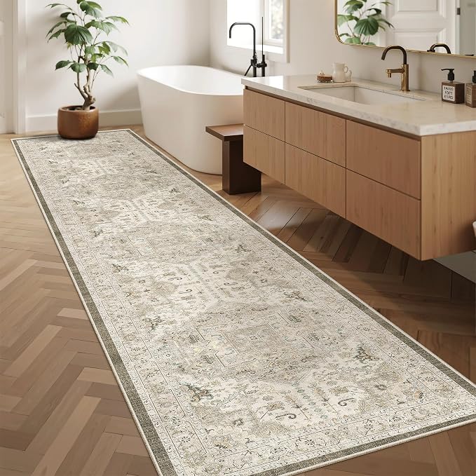 Madane Hallway Runner Rug 2'6''x12' Kitchen Runners Vintage, Ivory/Brown | - Image 4