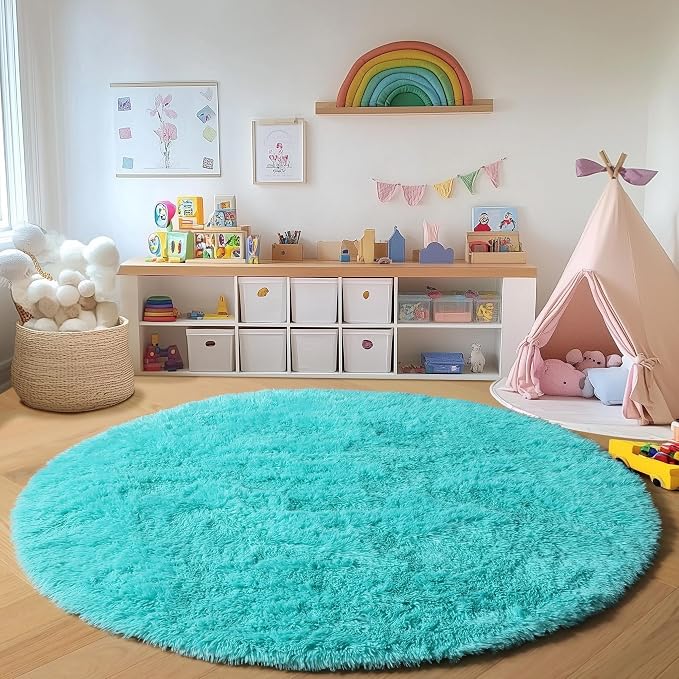 Teal Blue Round Rugs 5ft for Bedroom Living Room, Fluffy Circle Area Rug for - Image 6