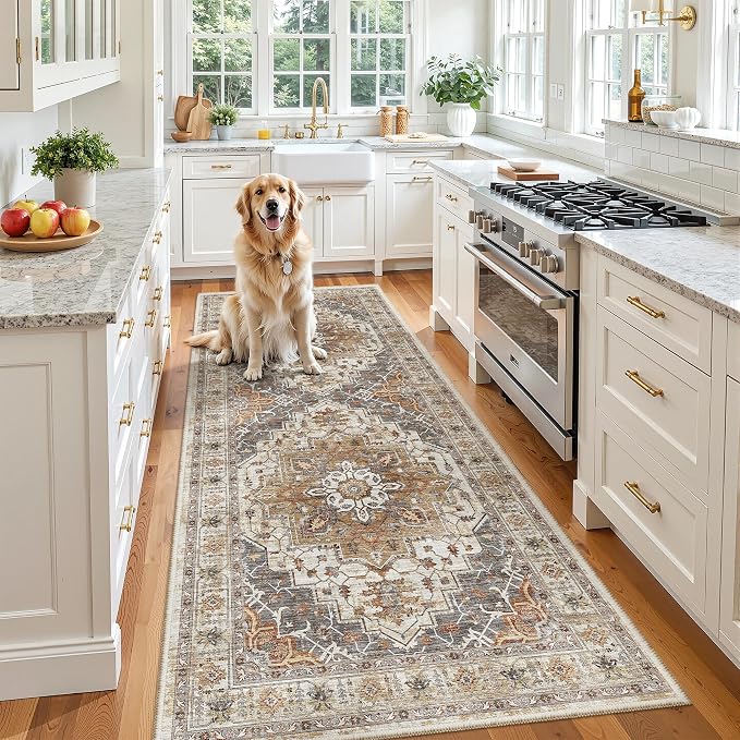 Madane Hallway Runner 3x8, Kitchen Rugs Washable Entry Rug, Turmeric/Grey | by Madane
