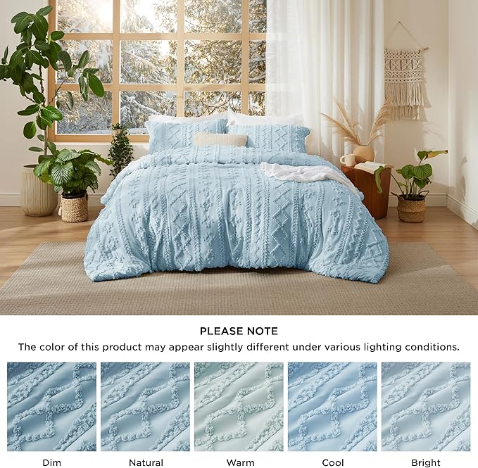Bedsure Tufted Boho Comforter Set Full Size - Dusty Blue Boho Bed Set, GentleSoft™ 3 Pieces Farmhouse Shabby Chic Embroidery Bedding, Gifts for Woman, Soft Jacquard Full Comforter for All Seasons
