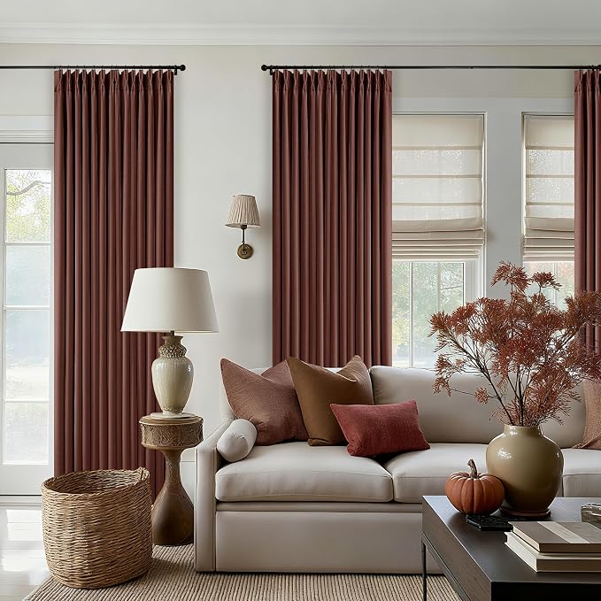 Chestnut Brown 96 Inch Blackout Pinch Pleated Curtains 2 Panels | Thick Linen - Image 9