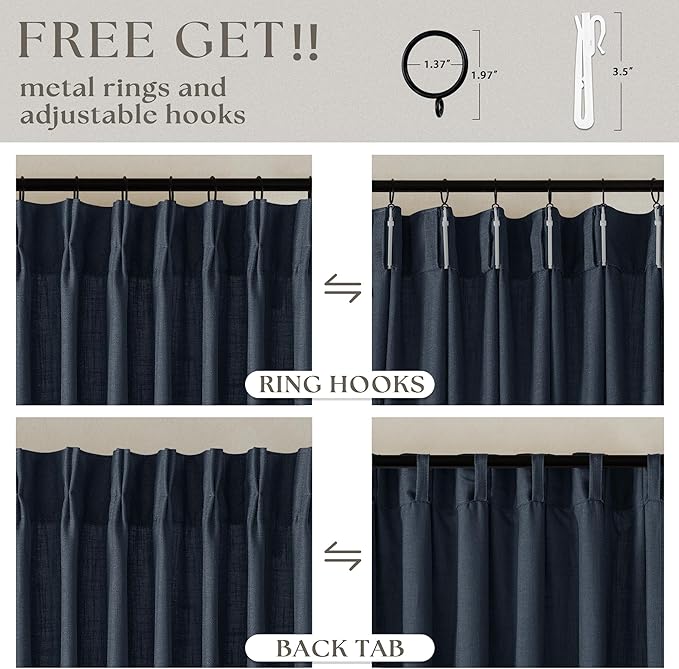 Navy Pinch Pleated Linen Semi Sheer Short Curtains 45 Inch Length 2 Panels | - Image 5