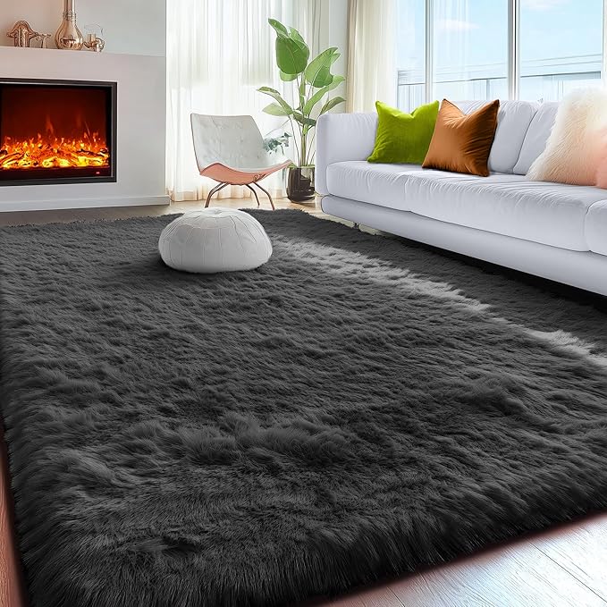 Fluffy Shaggy Black Area Rug 8x10 Feet, Plush Rugs - Image 9
