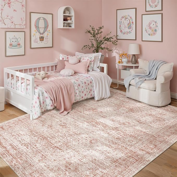 Soalmost 6x9 Area Rug for Living Room Washable Rugs Non-Slip Pink | Low-Pile - Image 3