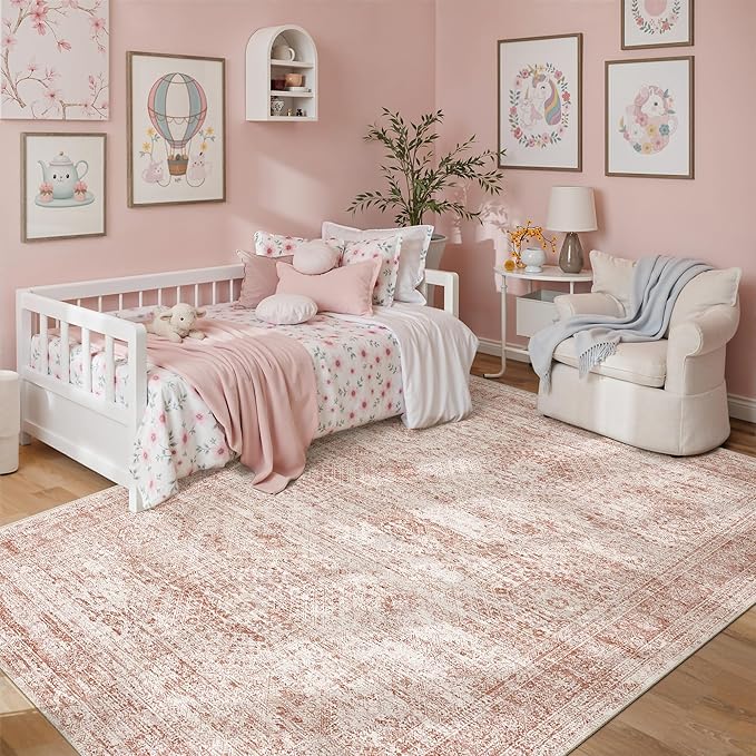 Soalmost 5x7 Area Rugs Pink Low Pile Washable Trendy Faded Style Rug | Vintage by Soalmost