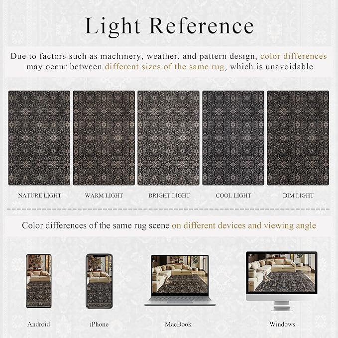 Schweek 10x14 Washable Area Rug Black Neutral Vintage Distressed Dark Rugs | - Image 6